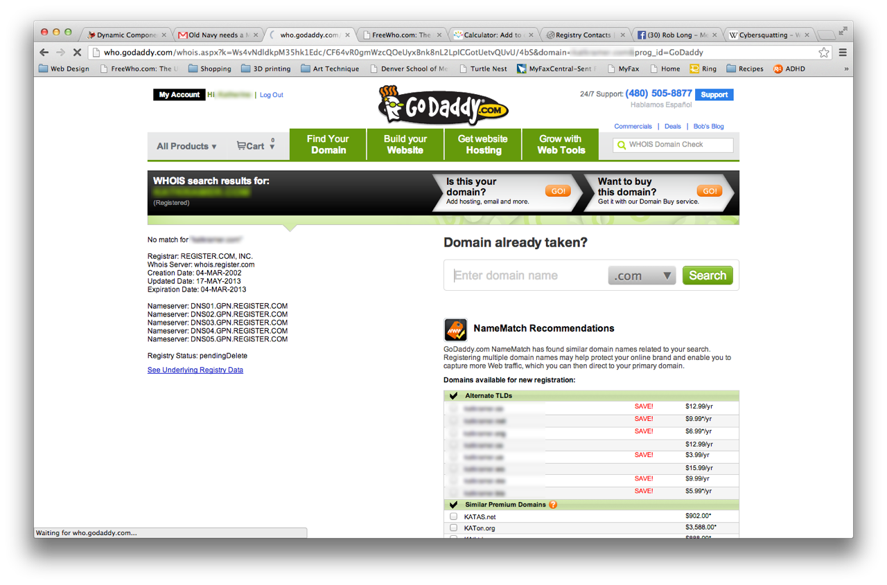 In this picture, GoDaddy shows that the domain has not been released back into the registry.  This screen shot was taken on May 23rd, 2013.  The system would not let me register the domain.  I am a Go