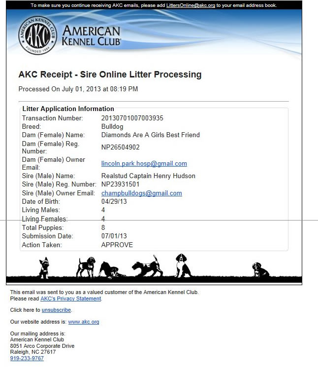  ELECTRONIC AKC LITTER RECEIPT FOR THIS PUP'S LITTER