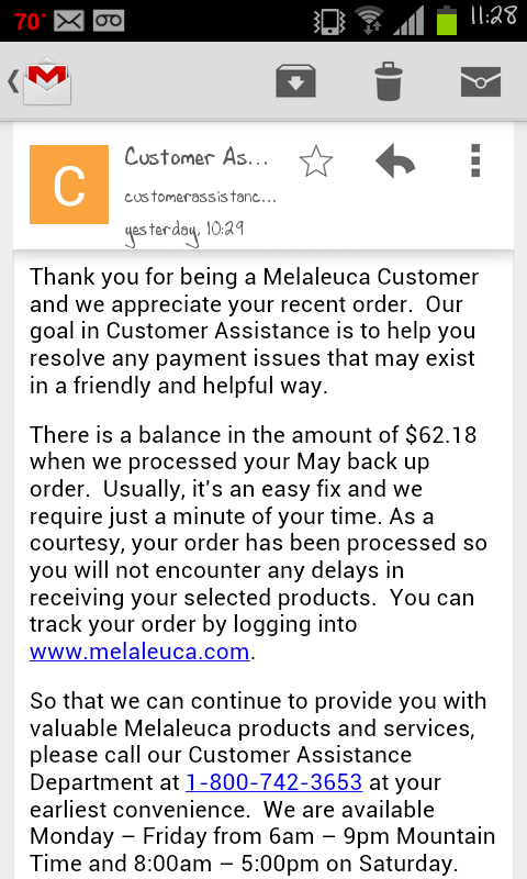 This is the email Melaleuca sent me about owing them money
