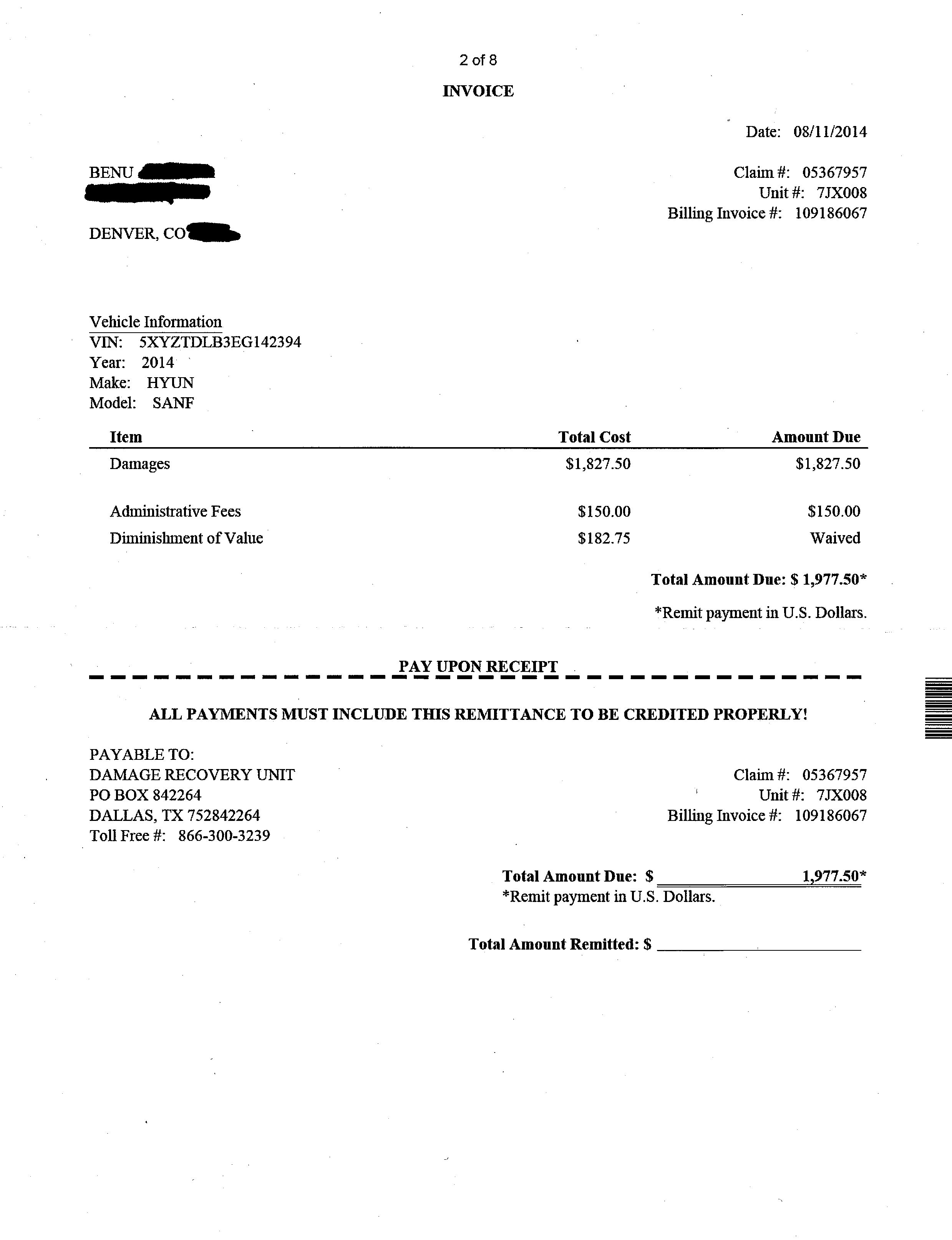 The invoice showing the total of $1977.50 (more than what the agent quoted me $1800).