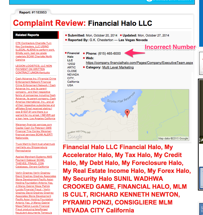 Incorrect Financial Halo phone number
