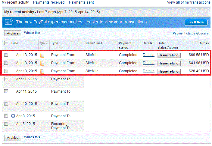 PayPal screenshot showing when the payment was finally received.