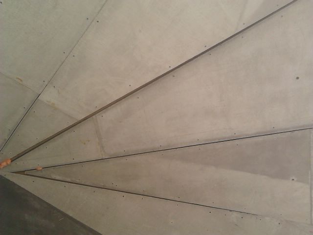underside of upper level roof after recutting panels .. gaps had to be disguised see prior photo