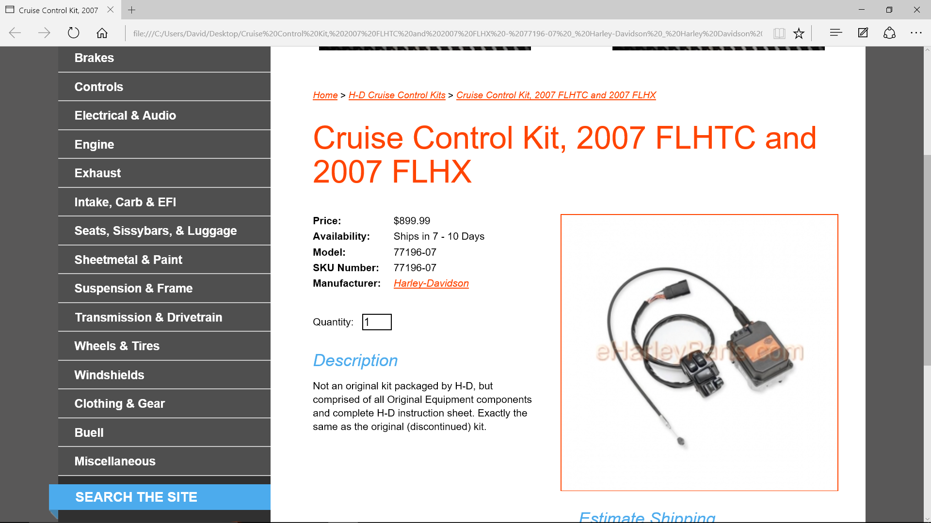 Screen shot of the eharleyparts.com web page advertising the kit. The wiring harness is in the photo.