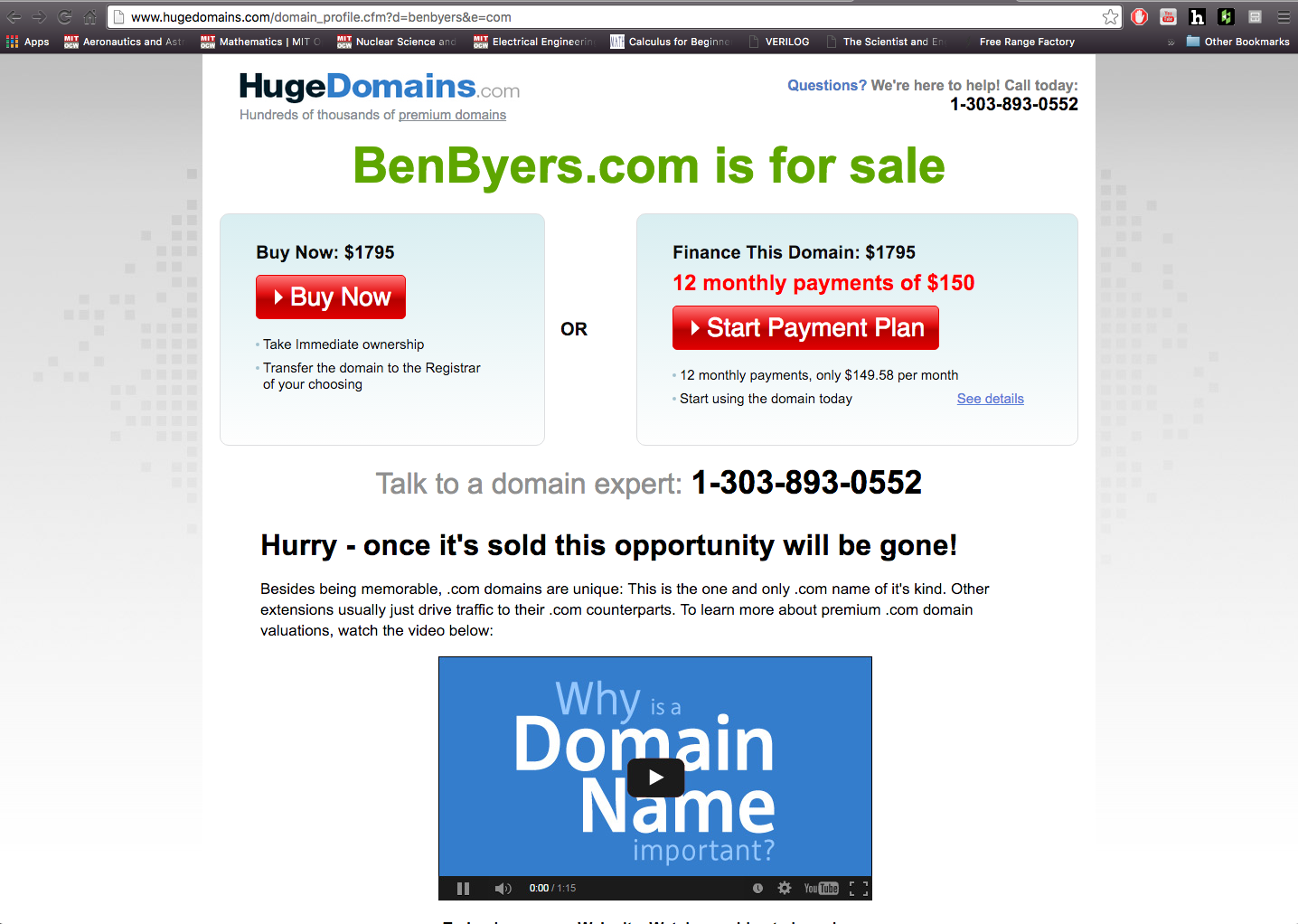 When you enter benbyers.com into the URL bar, the website redirects to this page. 