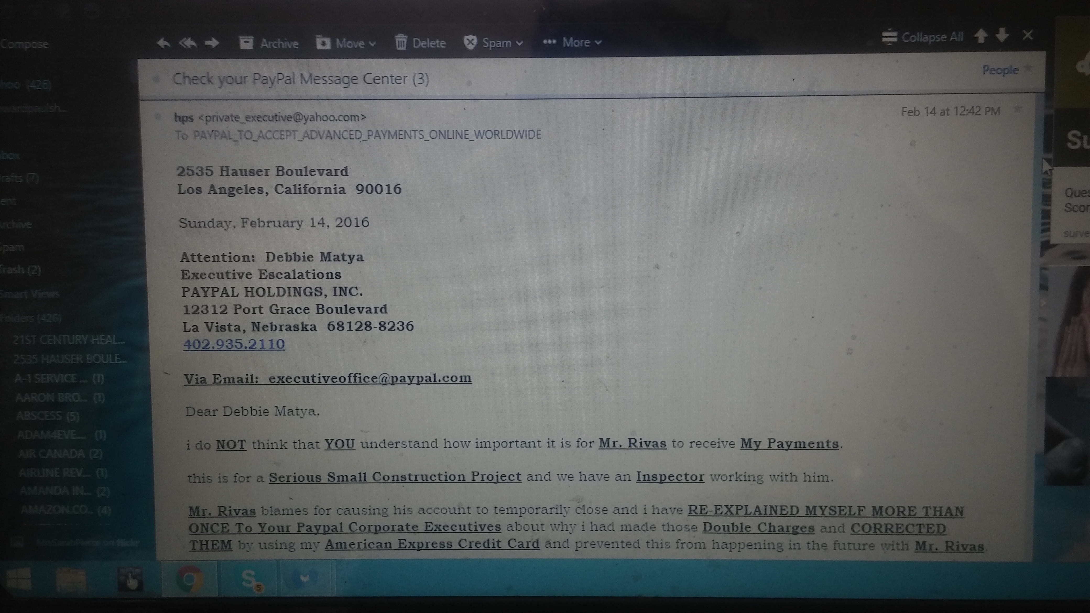 COMPLAINT LETTER TO DEBBIE MATYA, EXECUTIVE ESCALATIONS, PAYPAL, INC.