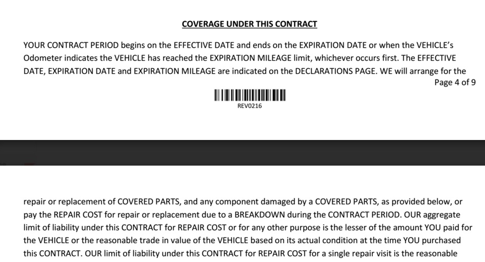 Contract states coverage date or mileage whichever is first will be honored.  Company says they don't agree!! What's there to agree... I am not interpreting.