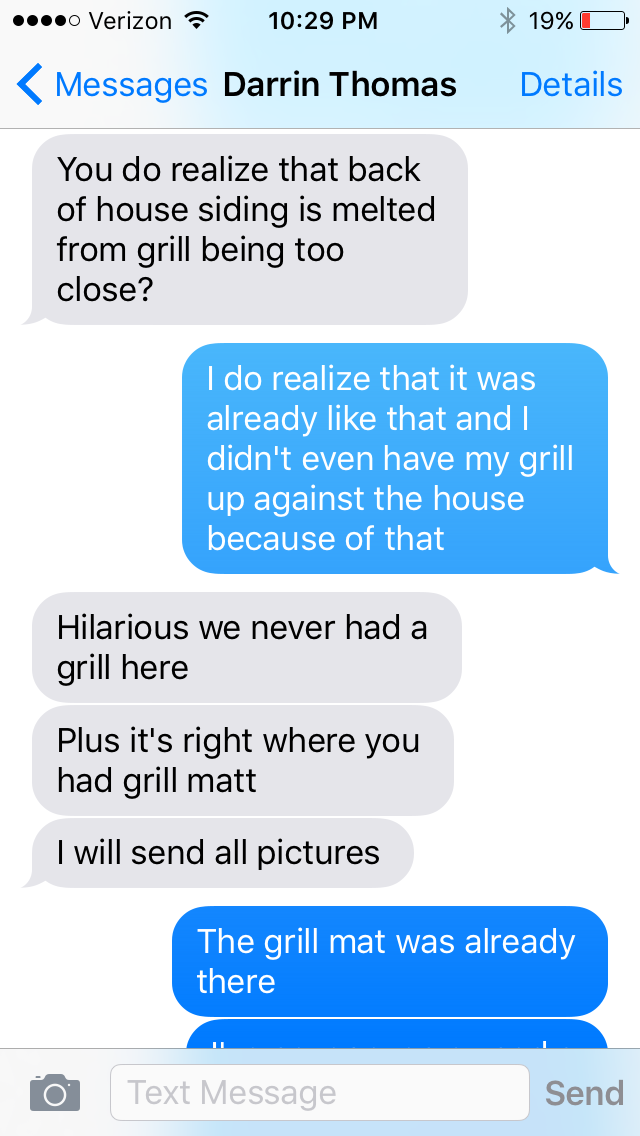 The text conversation we had regarding said grill. 