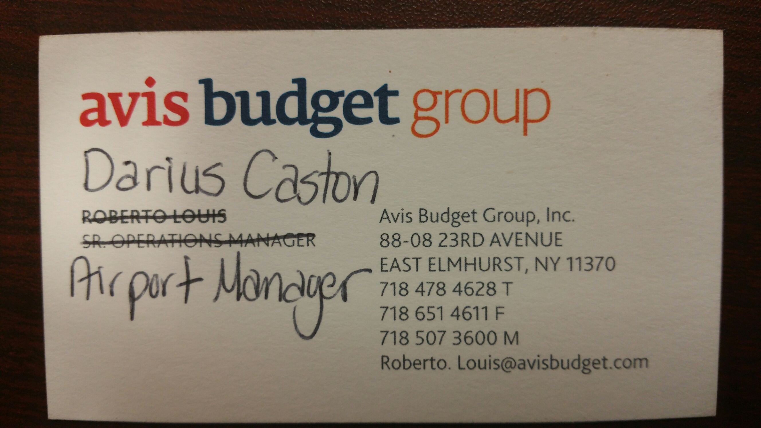 Business Card for Airport Manager - Darius Caston (who I was passed onto by female customer service rep). 
