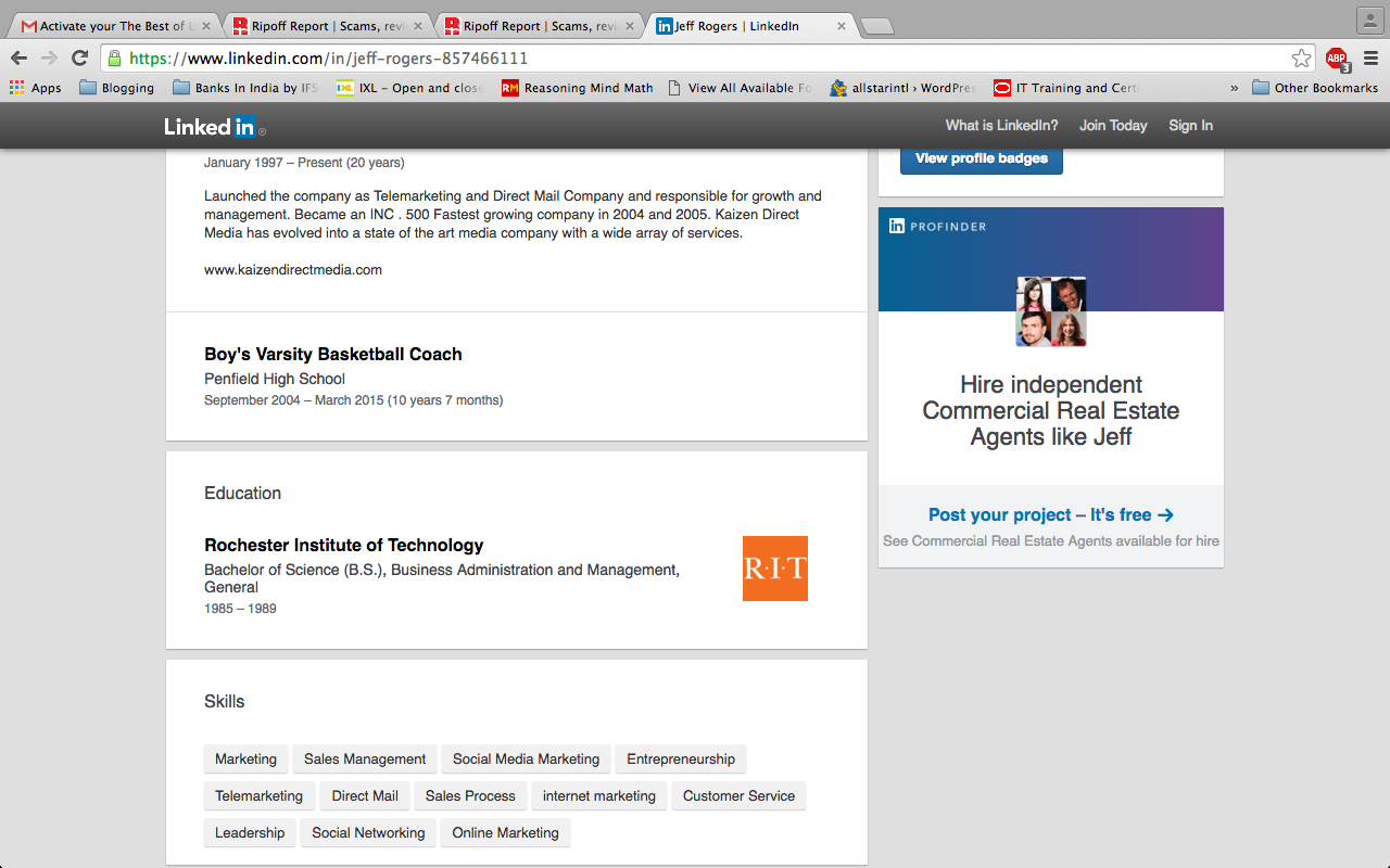 linkedin profile page of jeff rogers scrolling down history page.