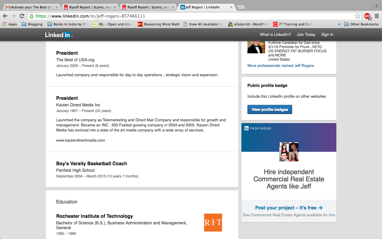 Linkedin profile page of jeff rogers. scrolling down history page.