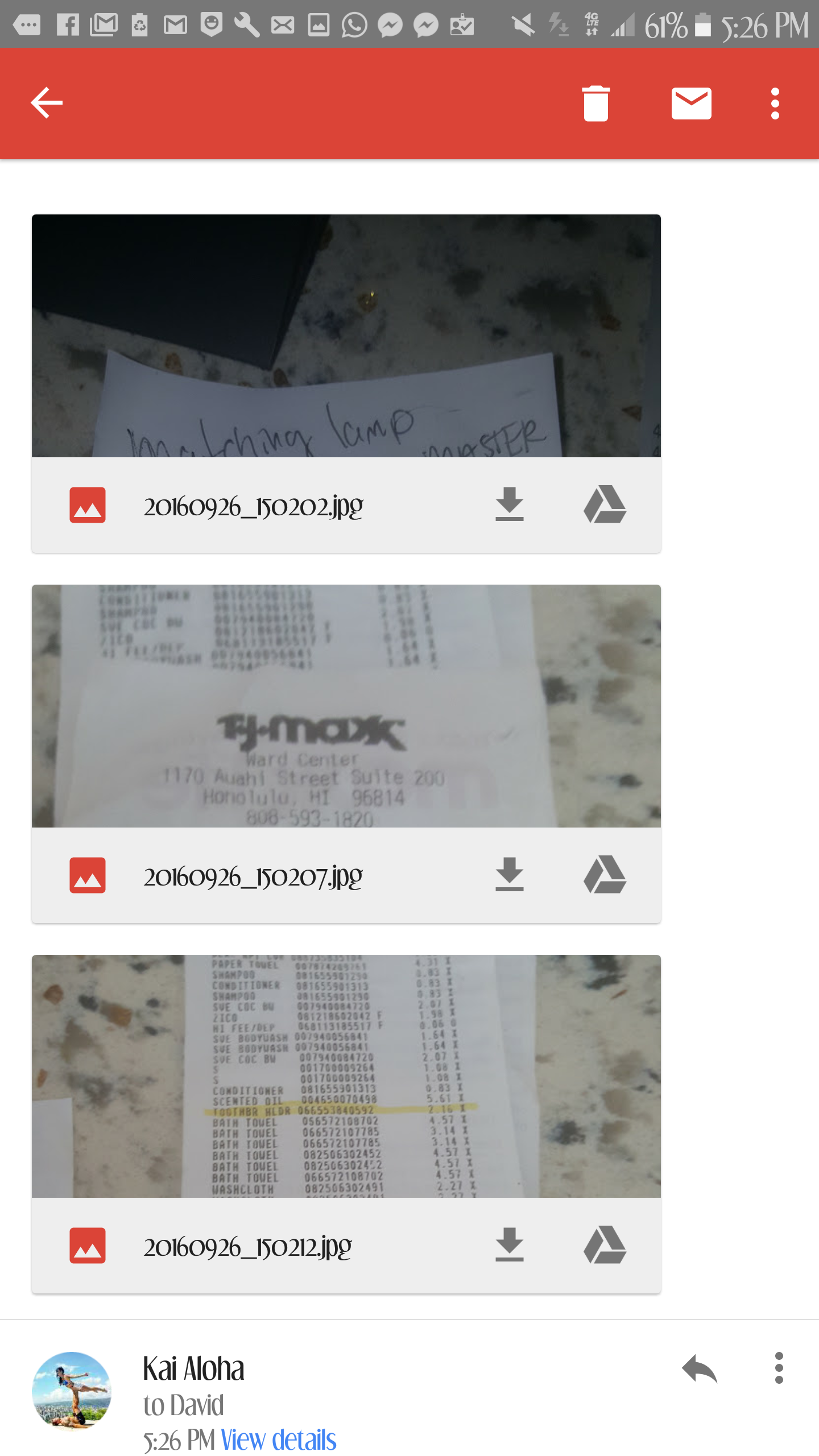images of three of hundreds of receipts I emailed to Marina and Rita. TO no avail. 