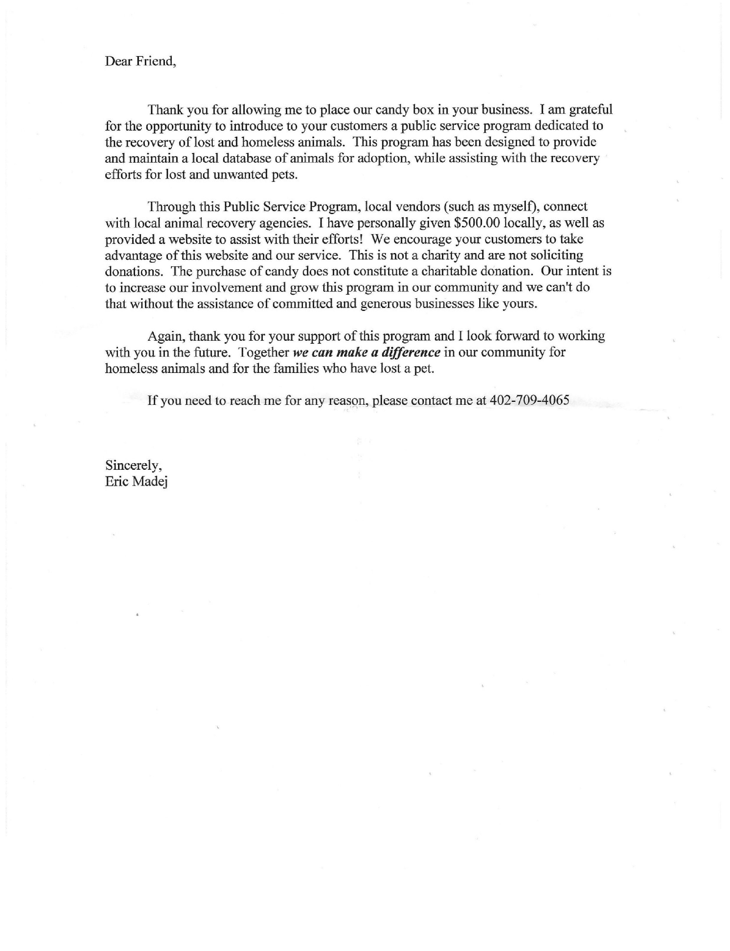 US Pet Recovery Letter
