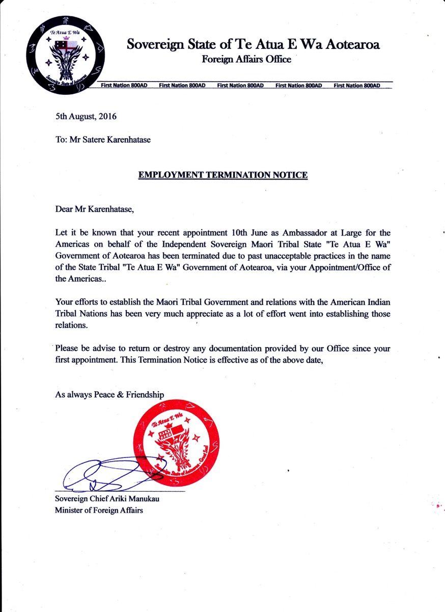 Termination of Satere Karenhatase Letter.