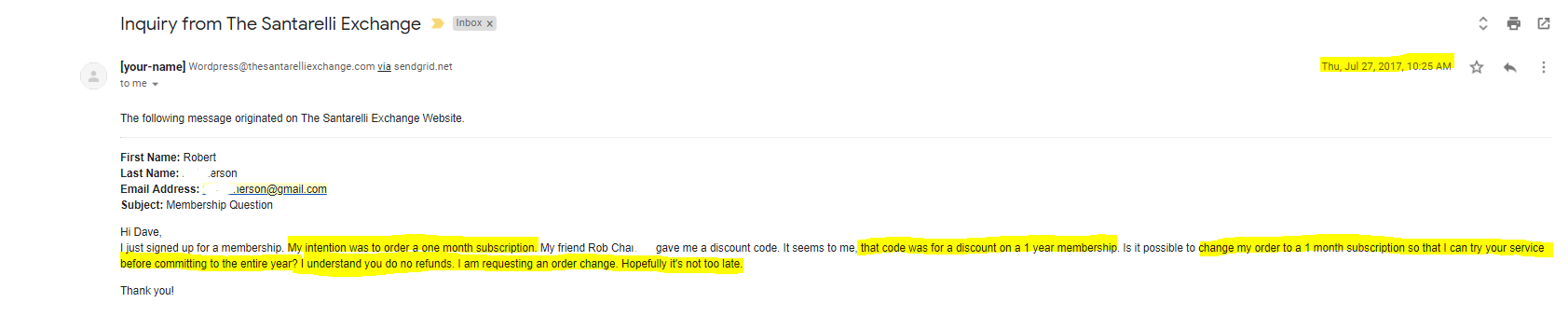 Email showing he used wrong code 