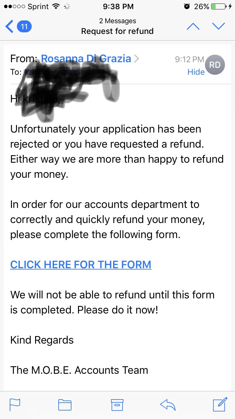 Email confirming that they are refunding my $2Kj