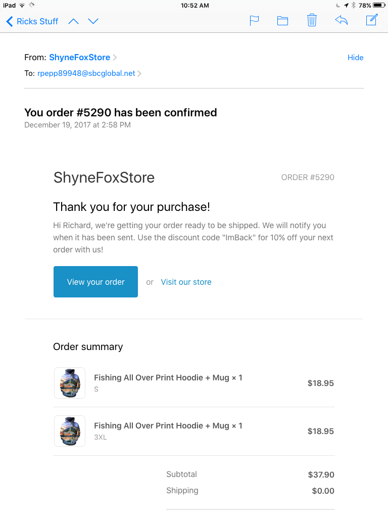 Order confirmation e-mail from shynefaxstore.com