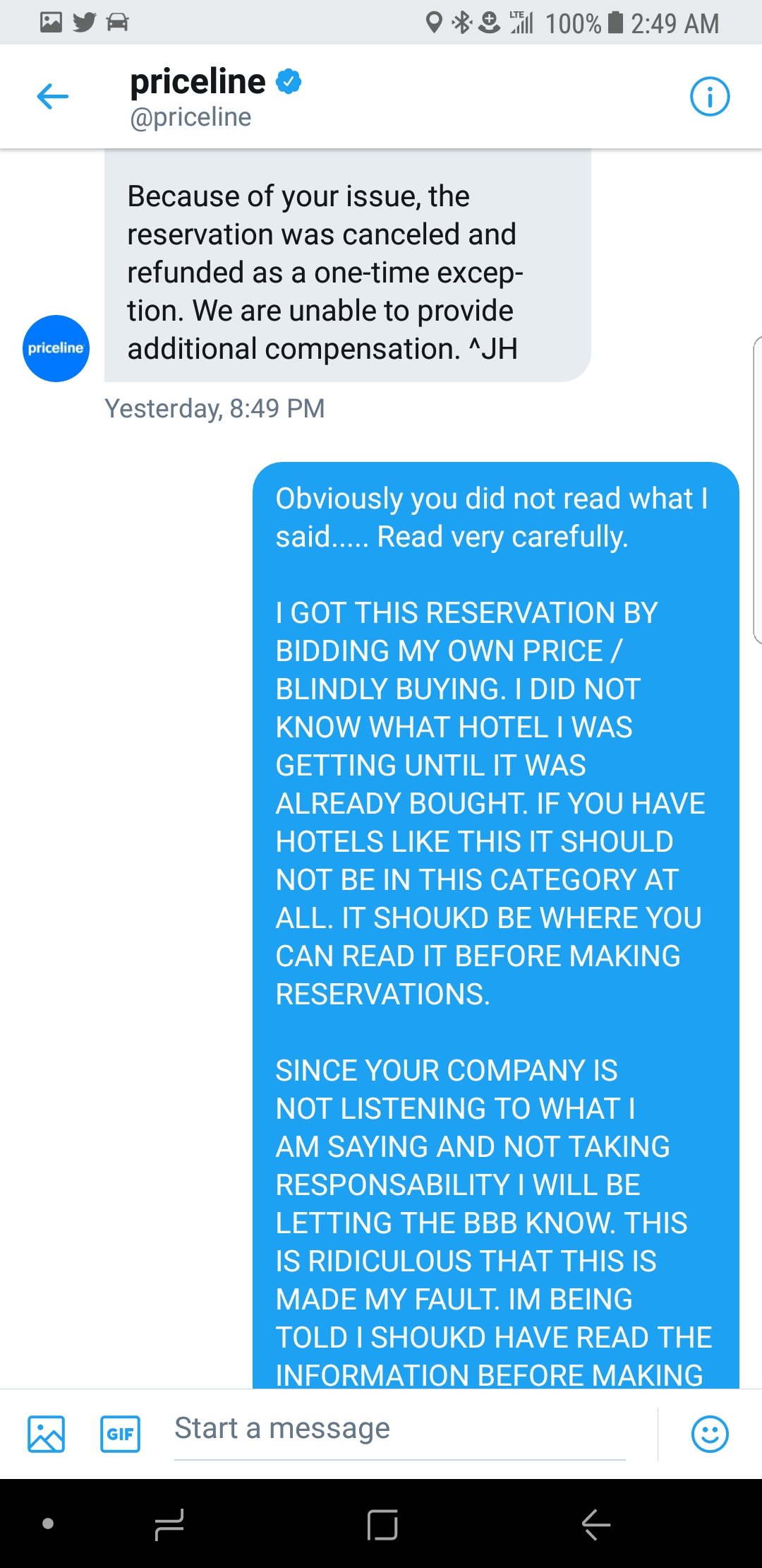 My conversation to priceline on Twitter