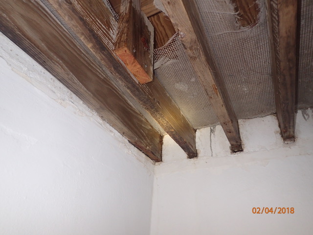 Water on ceiling beams from roof leak