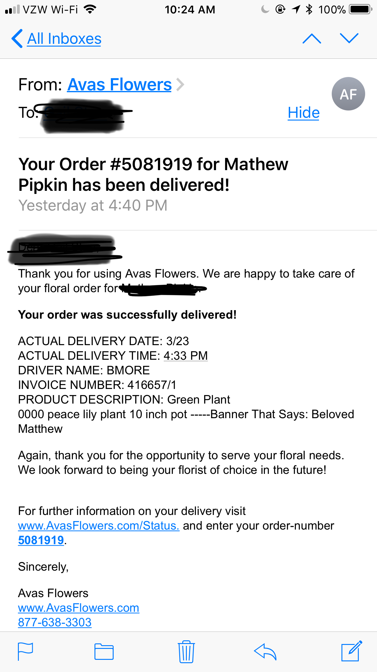 Email "ACTUAL DELIVERY TIME" after funeral ended