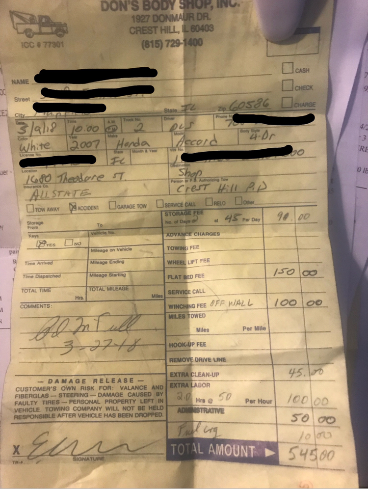 Receipt- he only pulled off ledge and towed