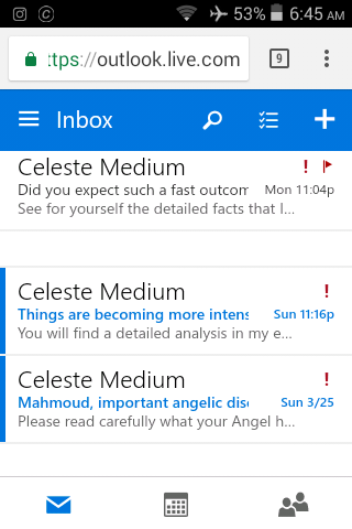 "Celeste"s several emails to me in inbox (red-flag