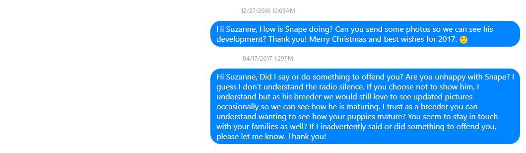Messages between Suzanne and me in 2016 