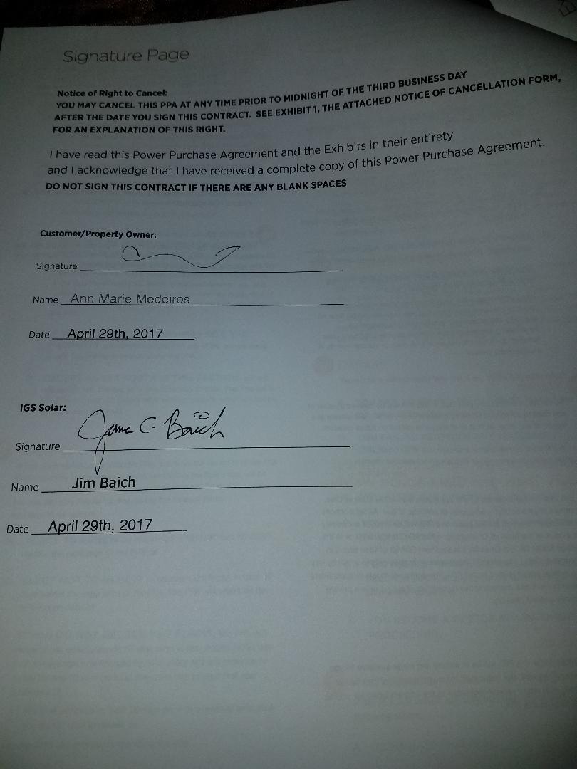 SIGNATURE PAGE WHICH WAS PART OF THE CONTRACT