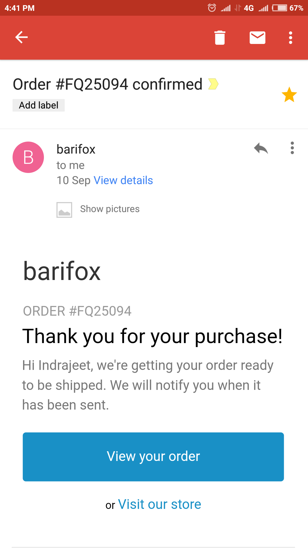 Order confirmation page
