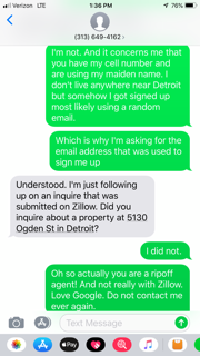 Text messages for Zillow scam 2
