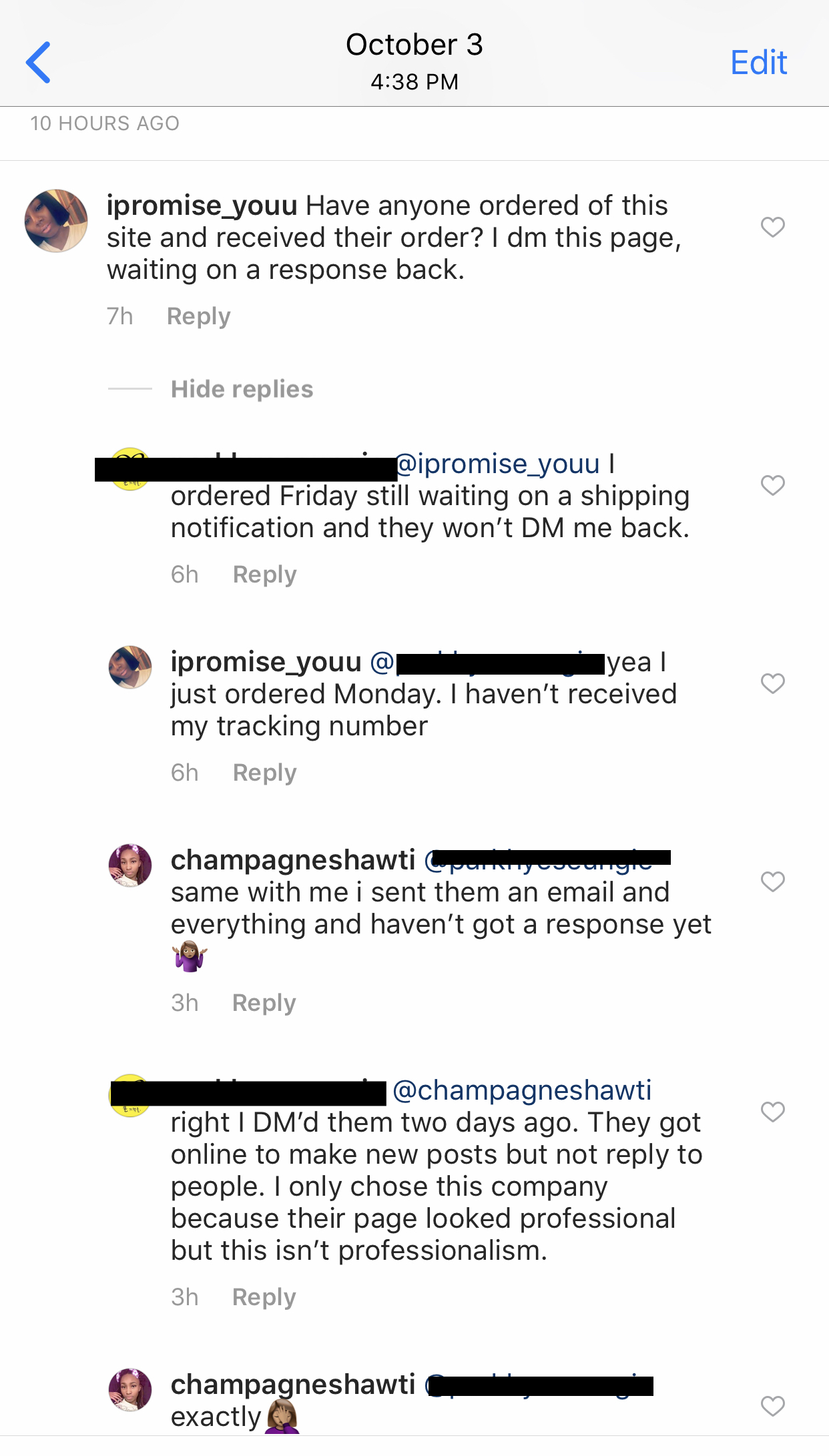 Other late orders (They deleted our comments)