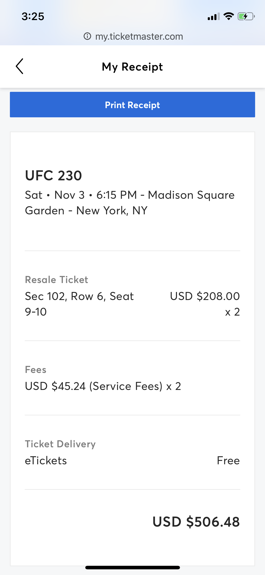 PROOF OF MY own  purchase from ticketmaster