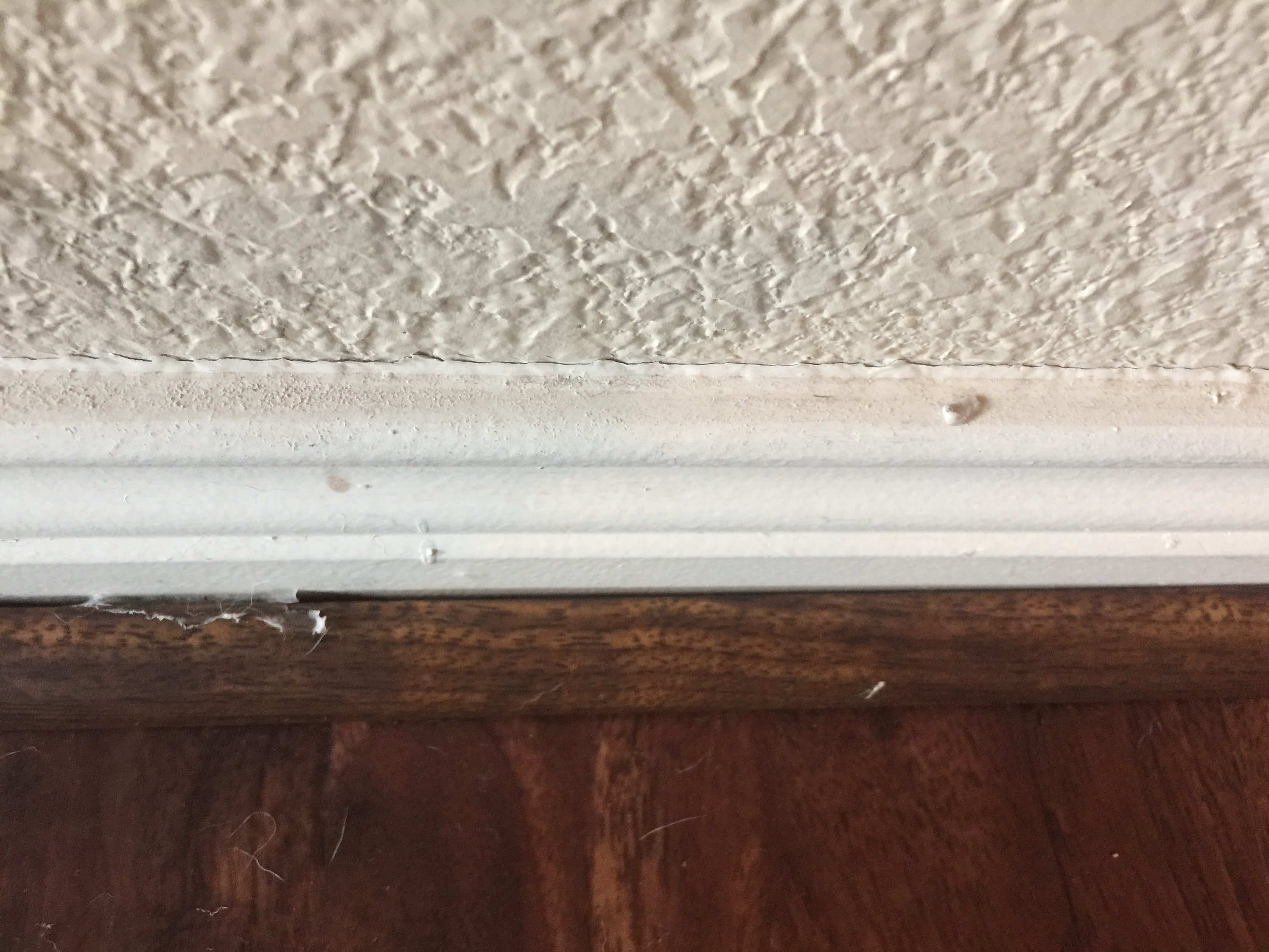Trim glued to wall with glue showing