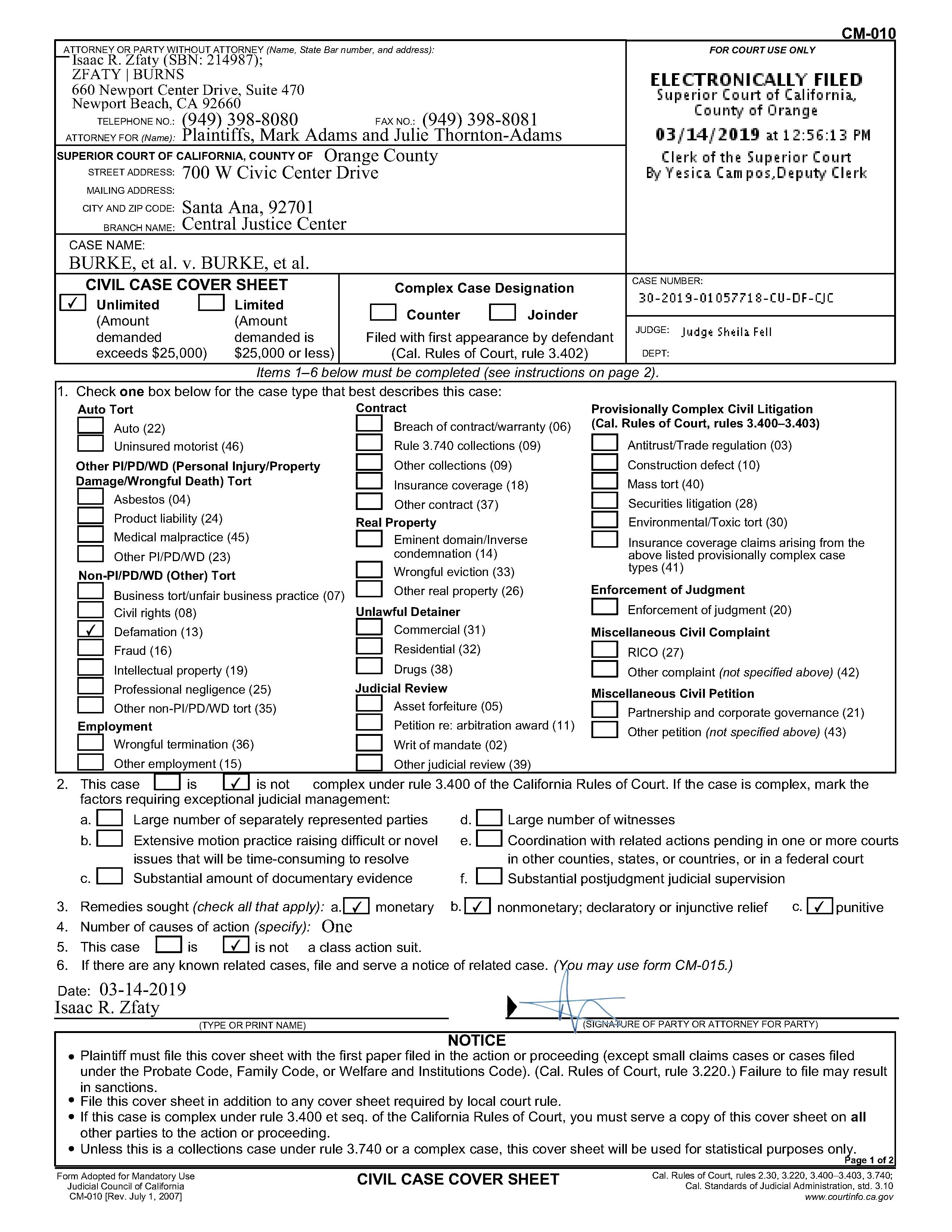Civil Cover Sheet, page 1