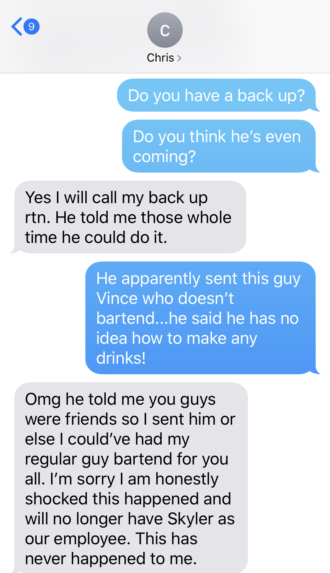 Text admitting not a bartender