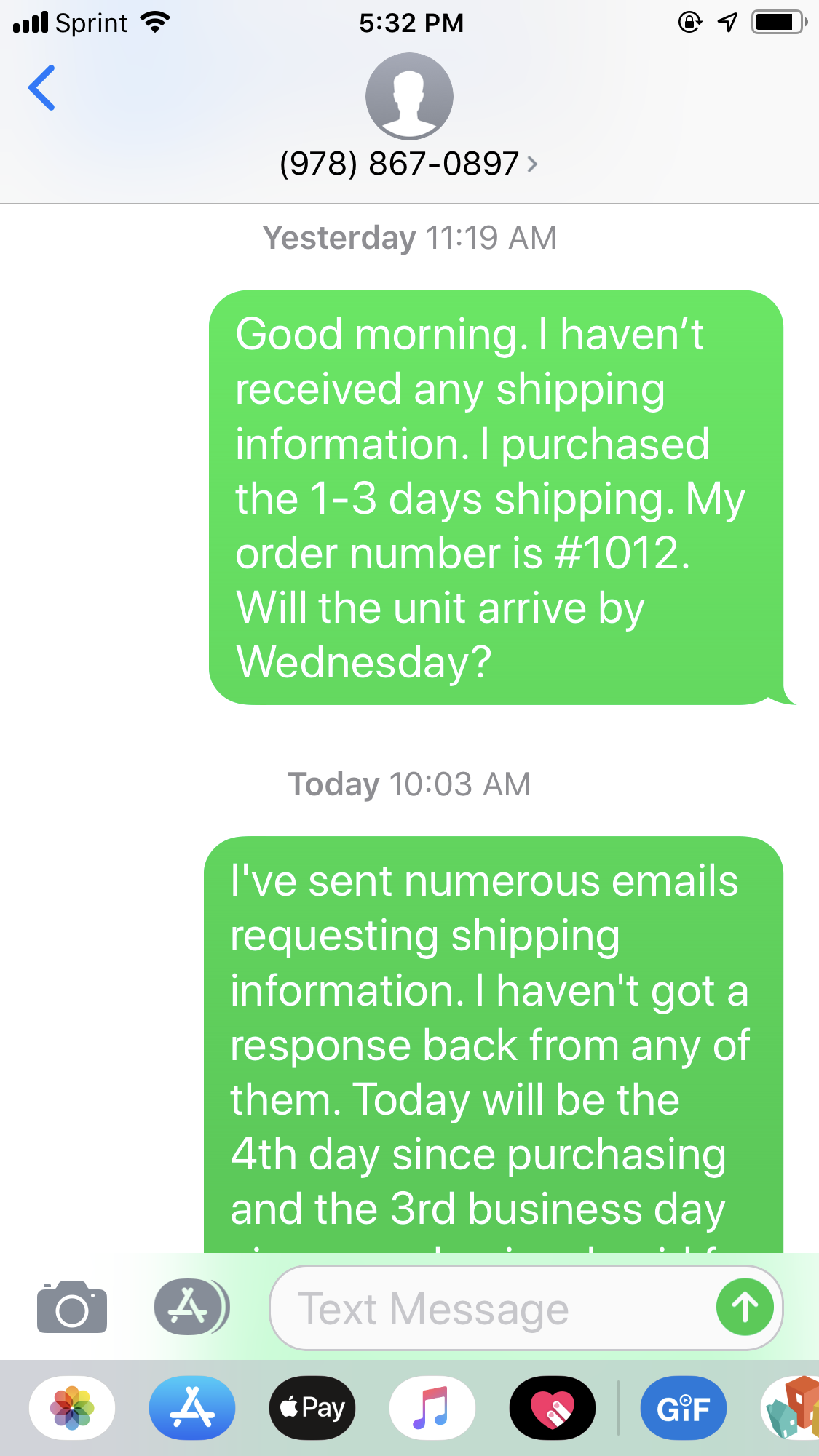Message I sent once I never received shipping info