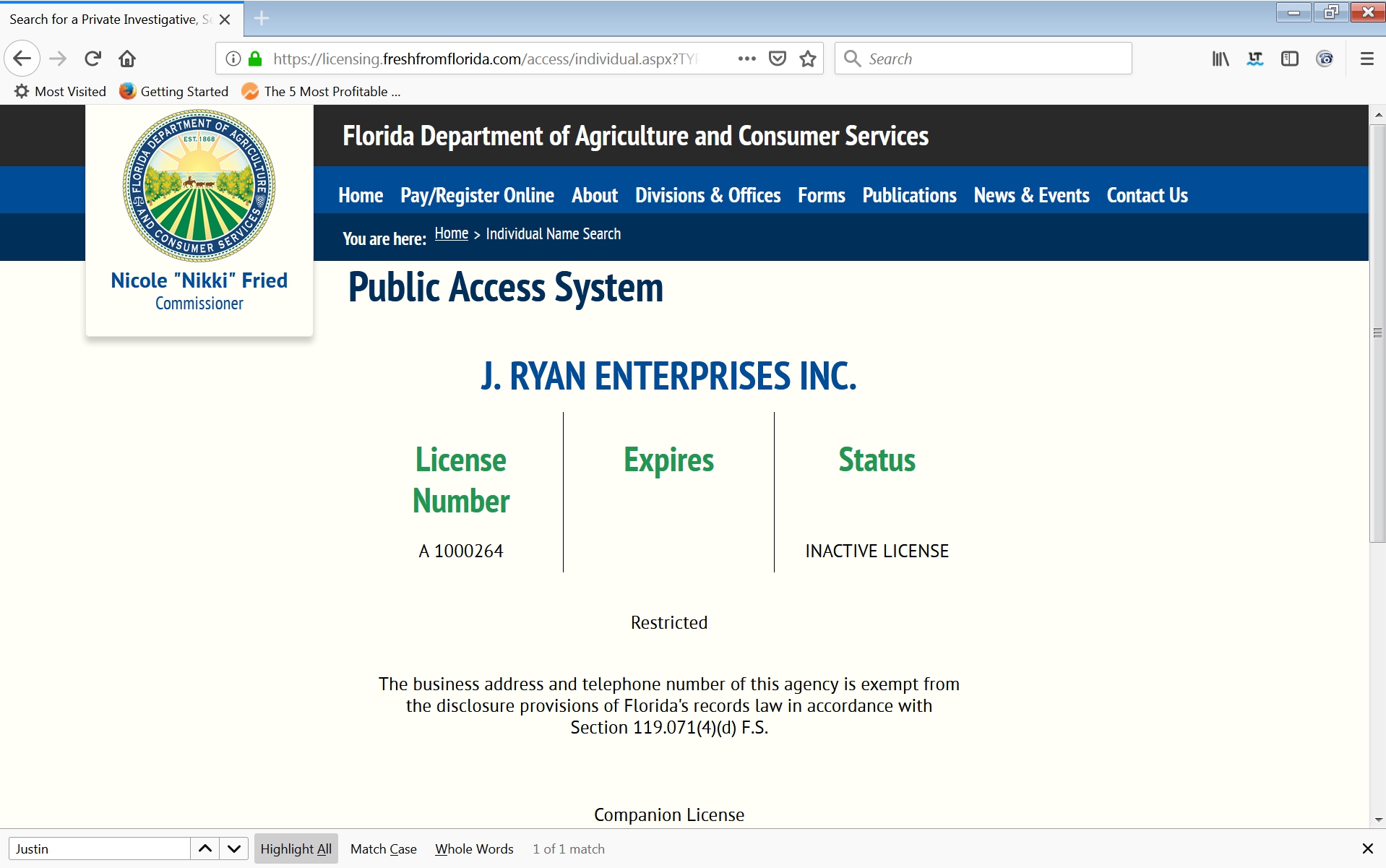 J Ryan Enterprises Inc Inactive License March 2019