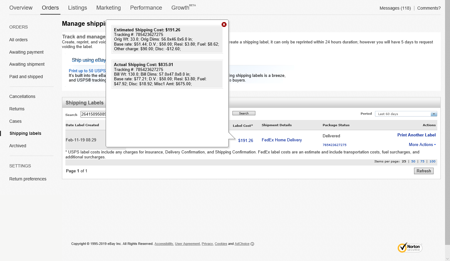 Proof of Fedex overcharge "Screenshot"