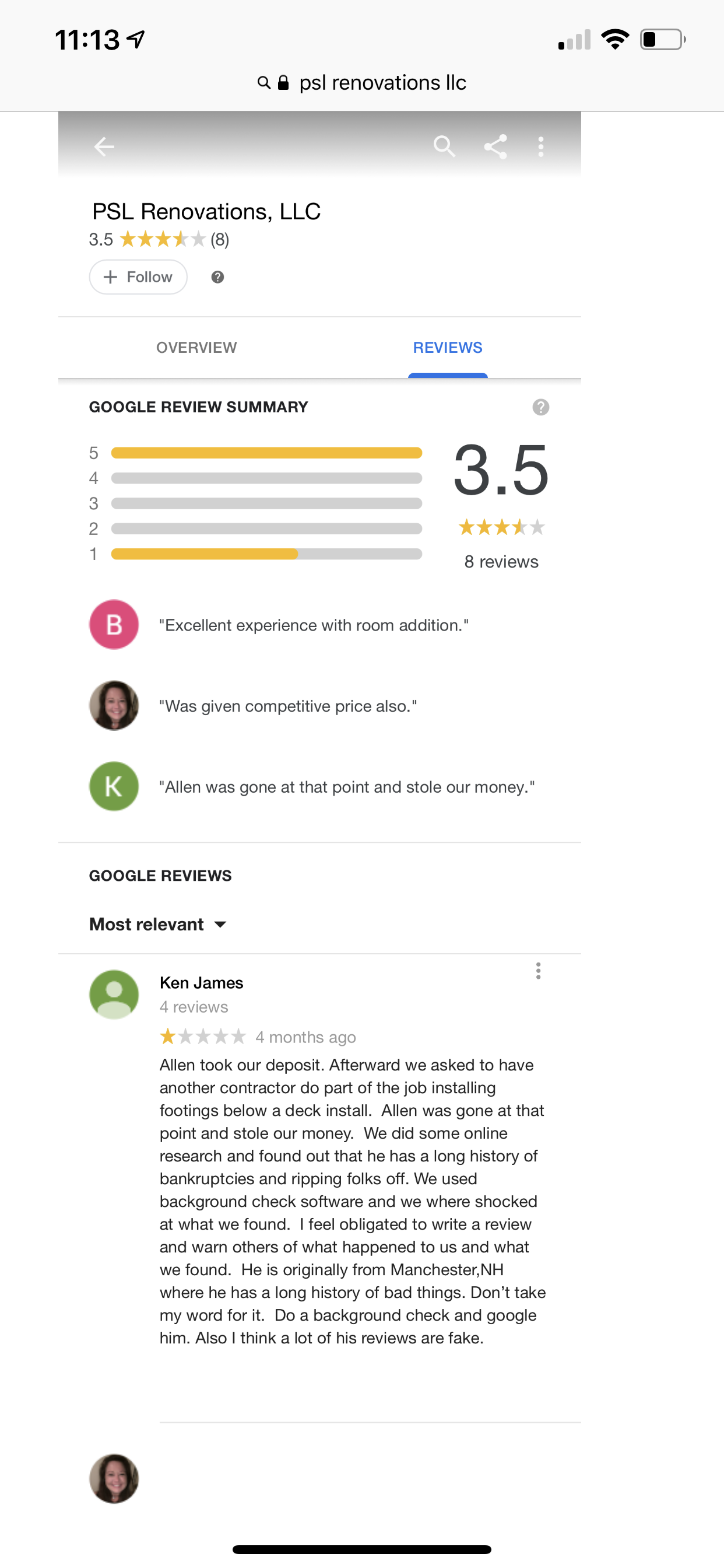 Negative reviews from actual people on google