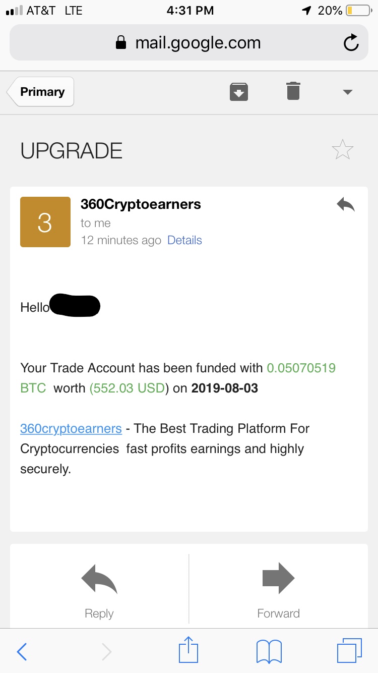 Email confirmation of trade deposit
