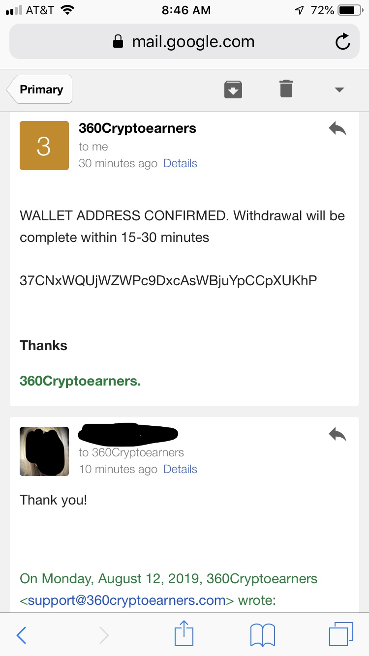 Email confirming withdrawal
