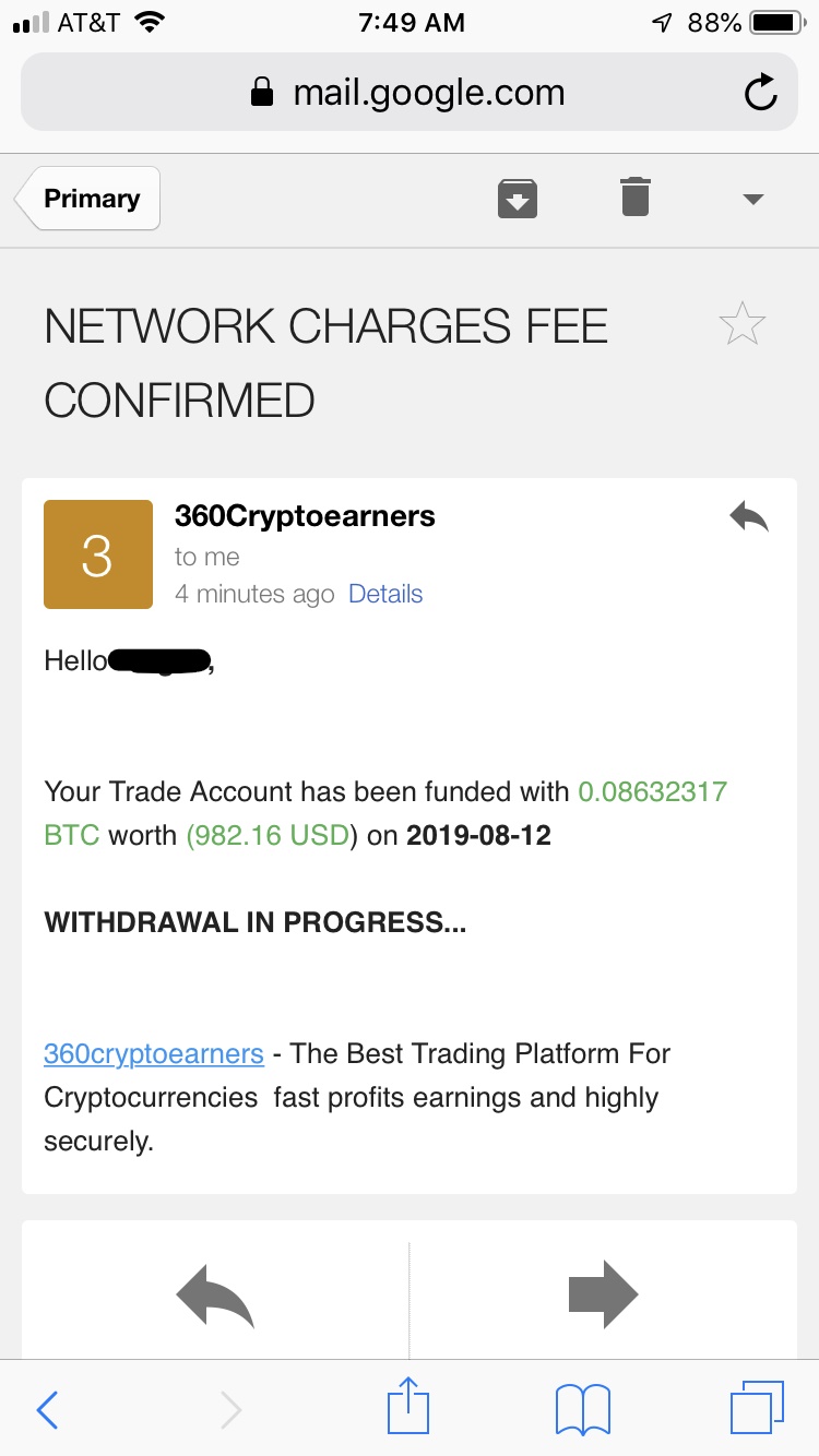 Email confirmation of payment of $980 fee