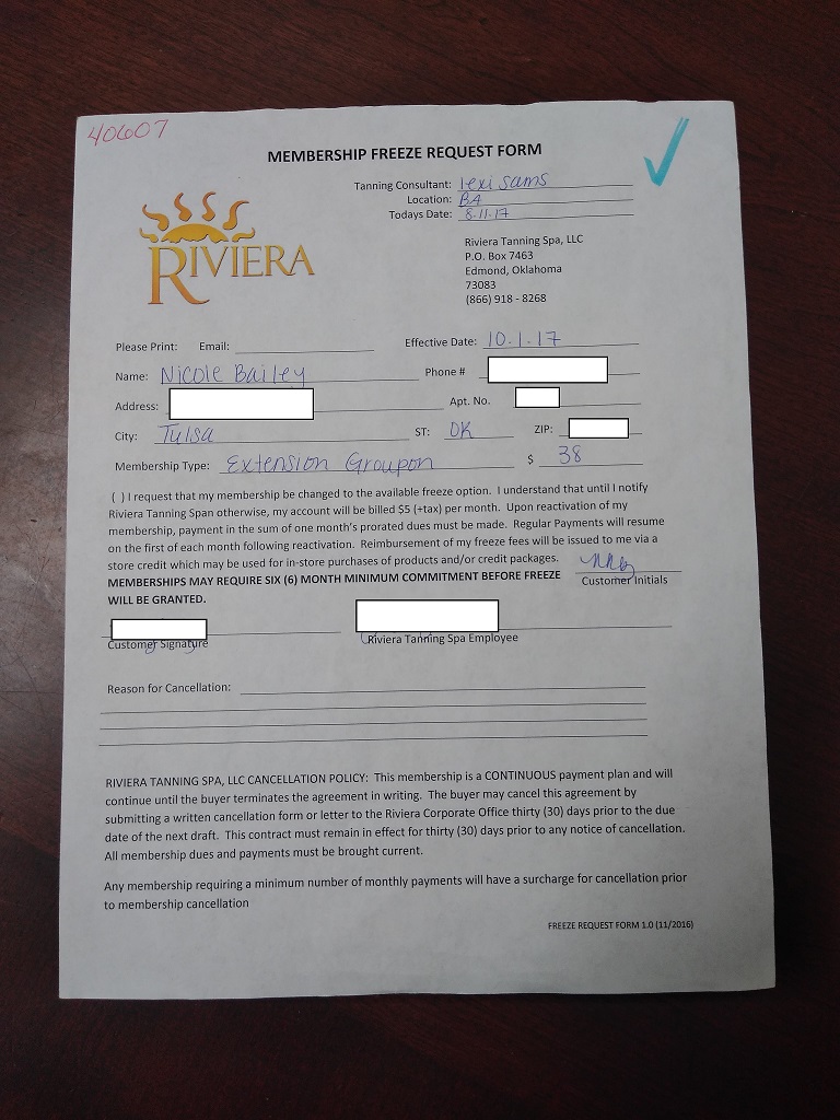 Freeze Account Form with Ack of Cancellation Polic
