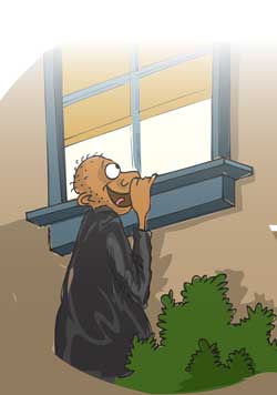 Cartoon of "Darren Hendry" spying.
