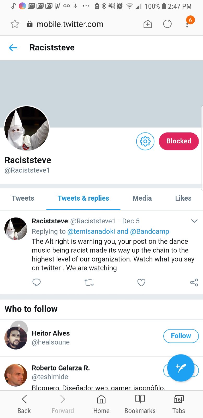 Using racist intimidation against me on Twitter