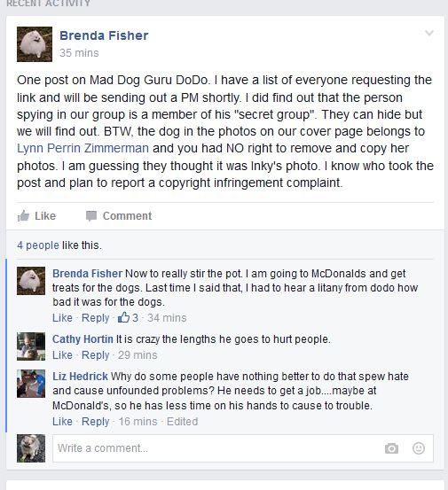 Brenda Fisher posting bragging about the page
