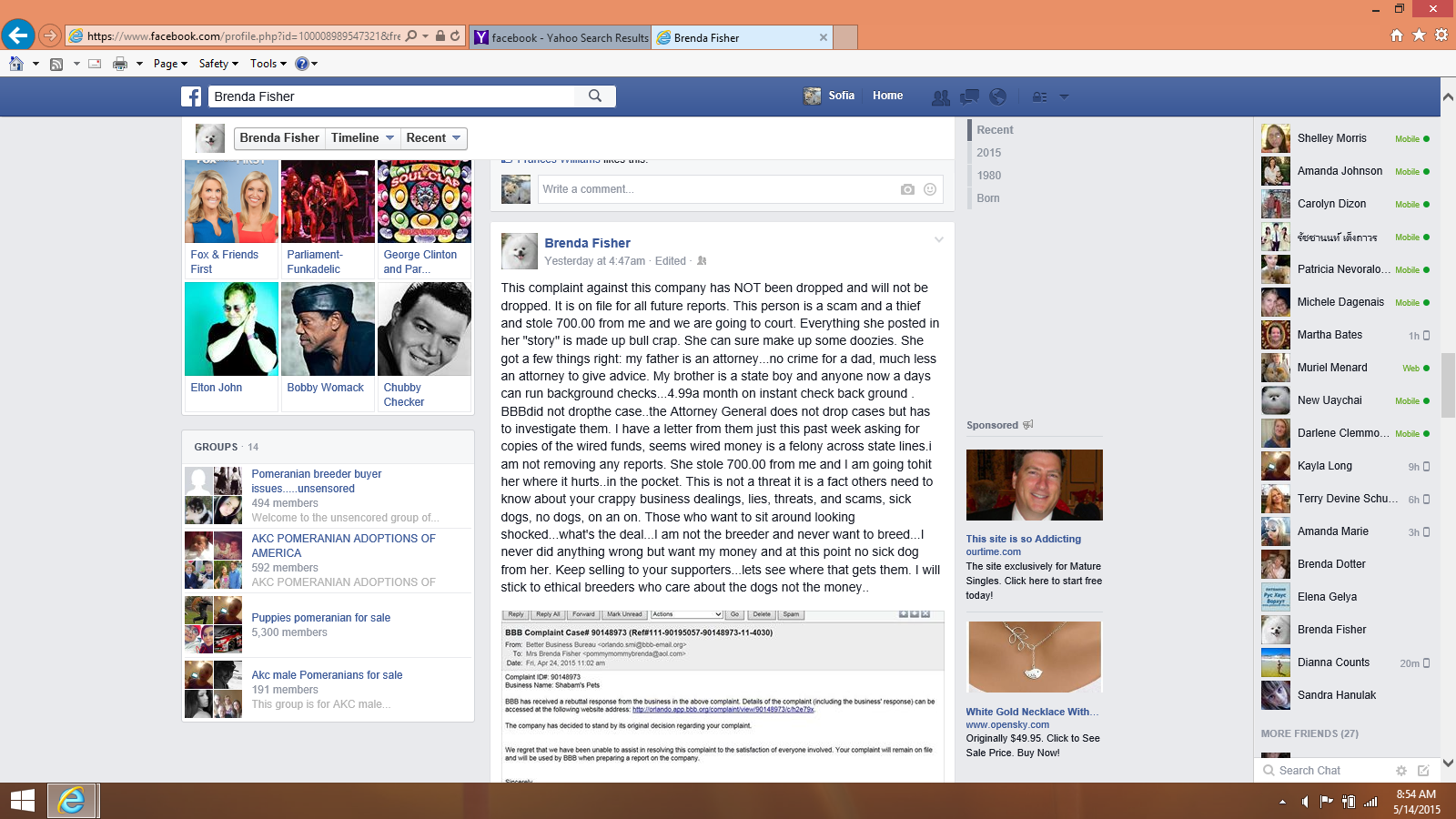 Brenda Fisher attack facebook wall post 