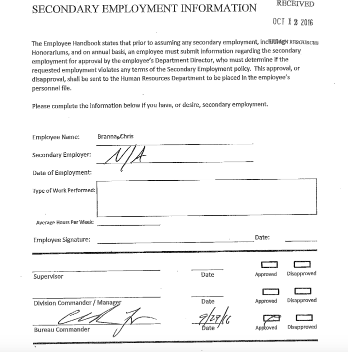 Falsified form in Chris Brannan's file
