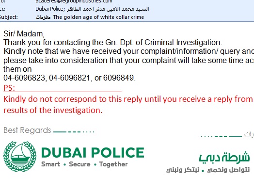 crimes also reported in Dubai, e-mail from the pol