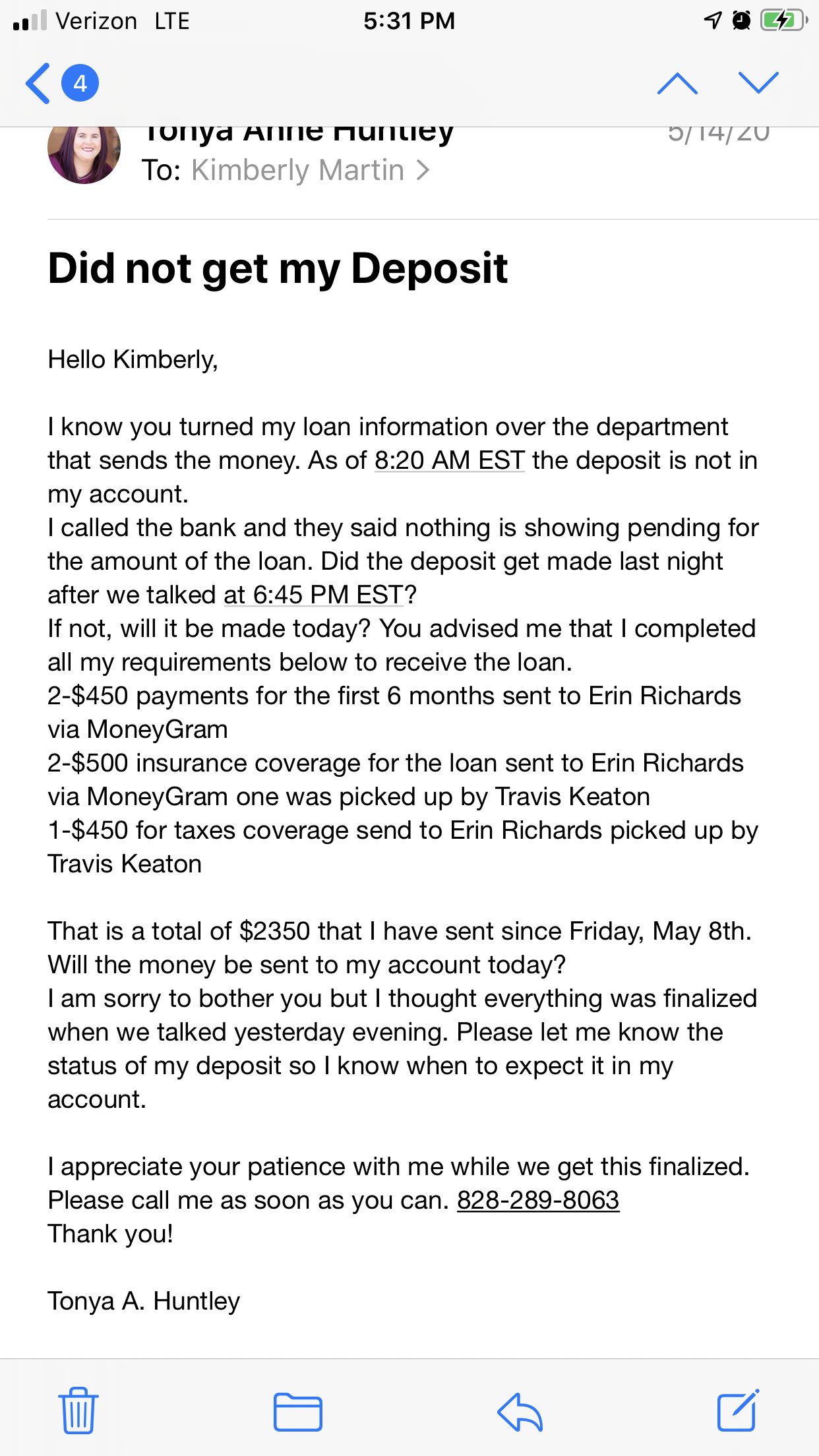 Email requesting refund